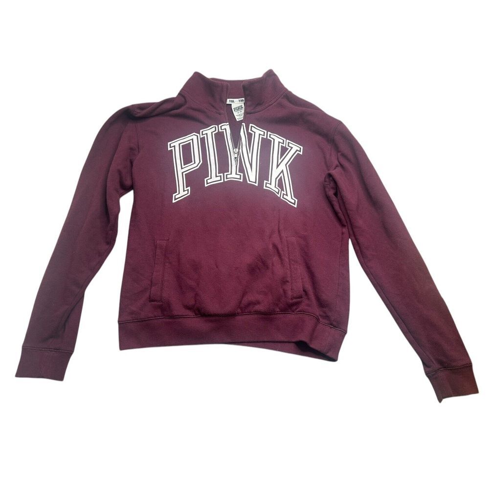 Pink Victoria's Secret Women's M Burgundy 1/4th Zip Pullover Logo